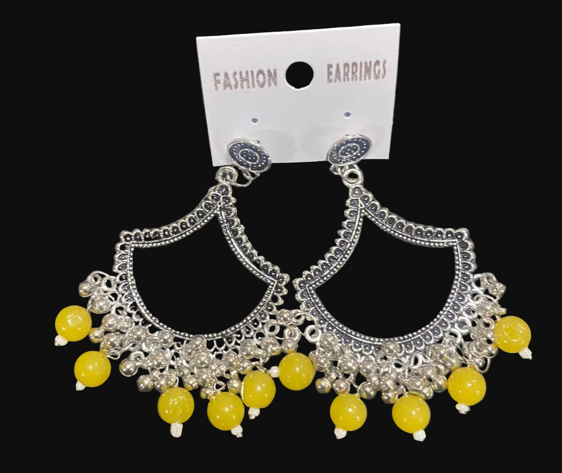 Yellow diya oxidised silver jhumka
