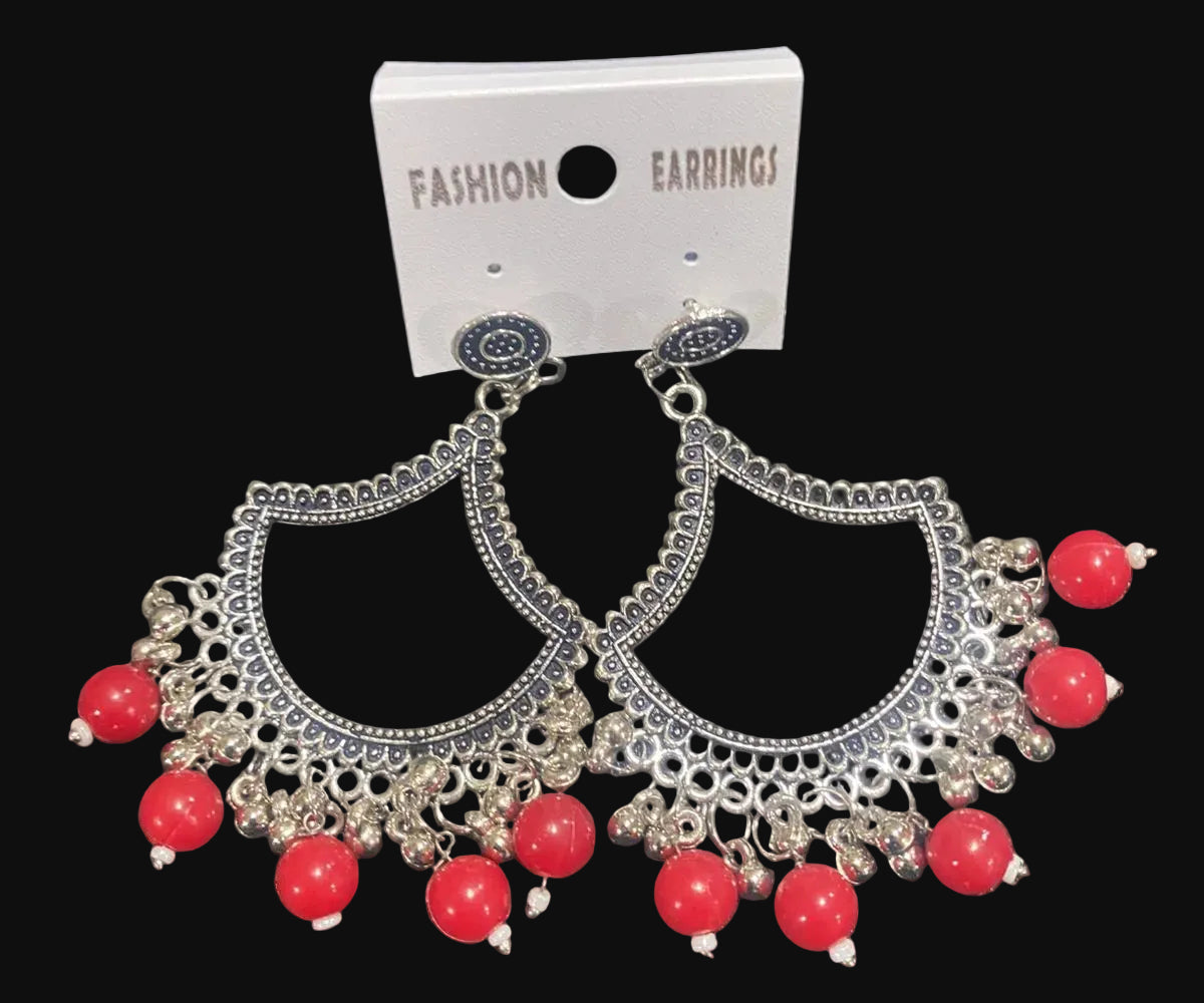 Red diya oxidised Silver jhumka