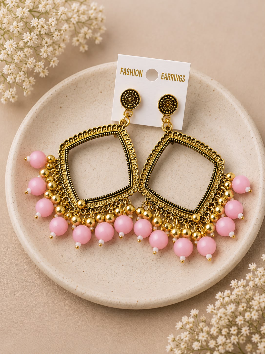 Golden Square pink jhumka