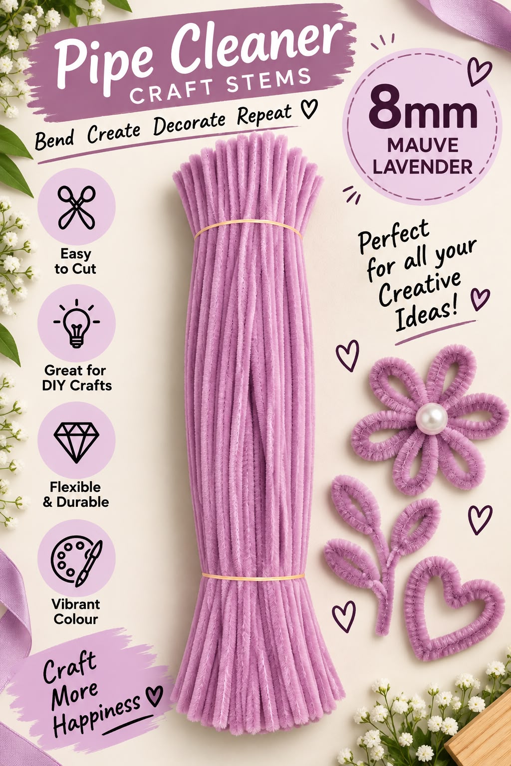 Mauve Lavender Pipe Cleaner(8mm)