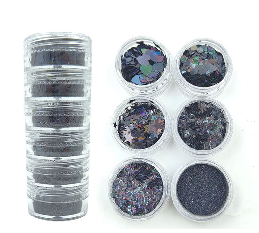 Set of 6 Black Holographic Glitter
