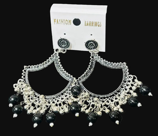 Black diya oxidised Silver jhumka