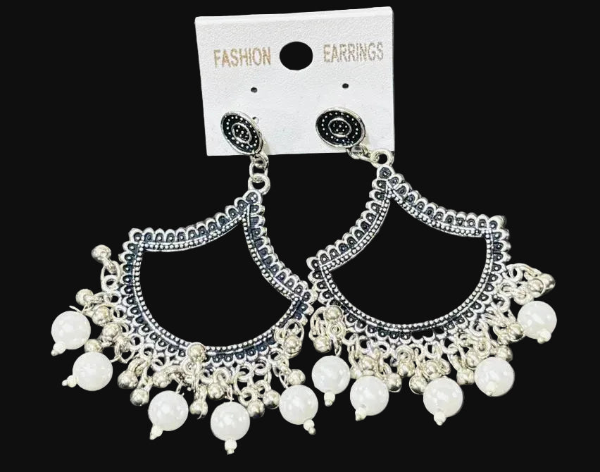 White diya oxidised Silver jhumka