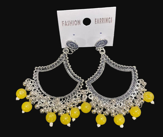 Yellow diya oxidised silver jhumka
