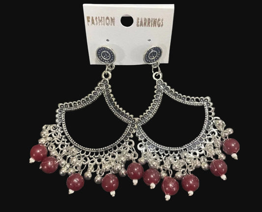 Maroon diya oxidised Silver jhumka