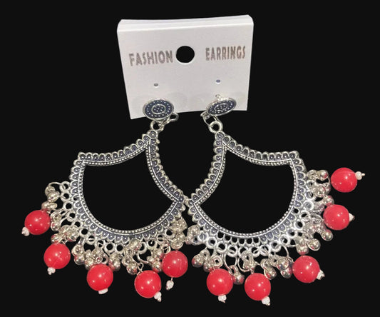 Red diya oxidised Silver jhumka