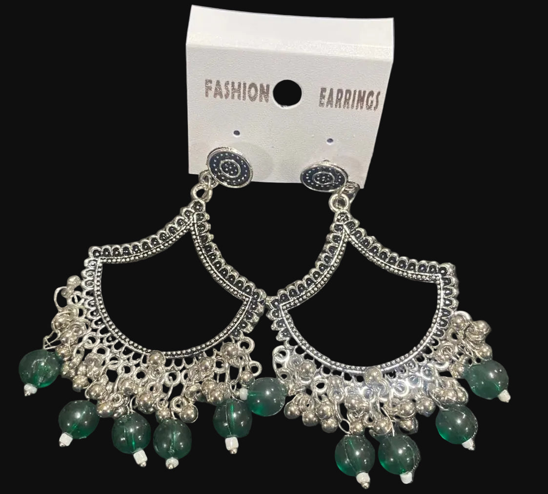 Green diya oxidised Silver jhumka