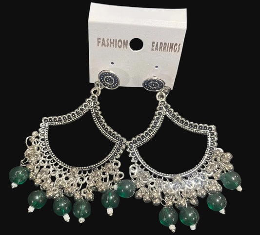 Green diya oxidised Silver jhumka