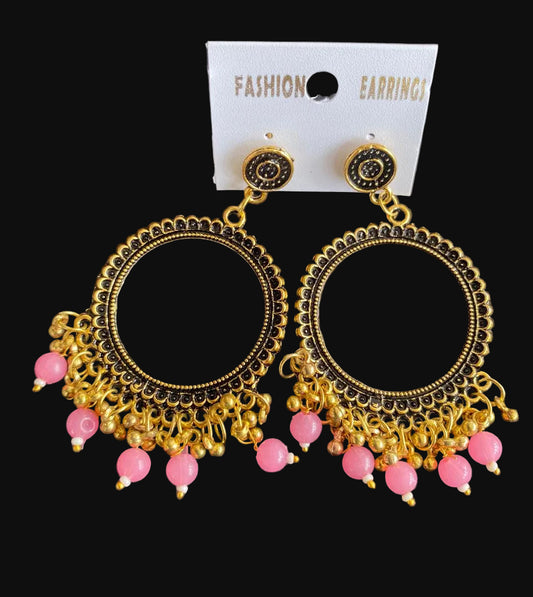 Pink Antique Golden Jhumka