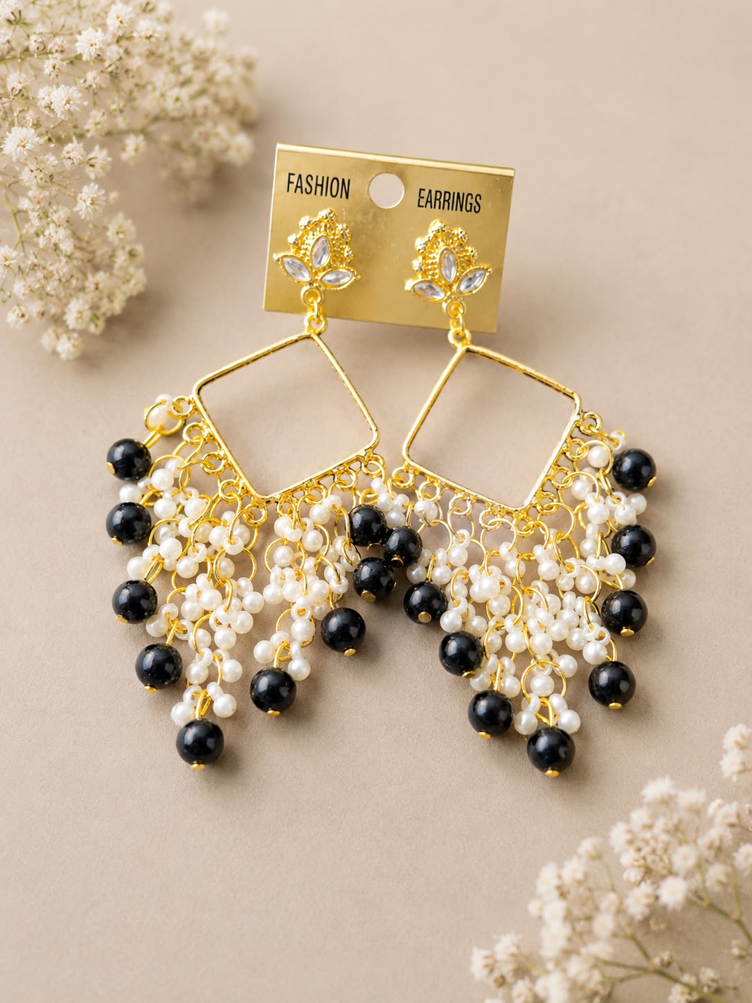 Pearl Black Beads Square Jhumka