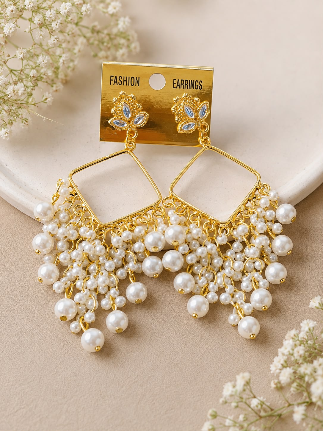 Pearl white Beads Square jhumka